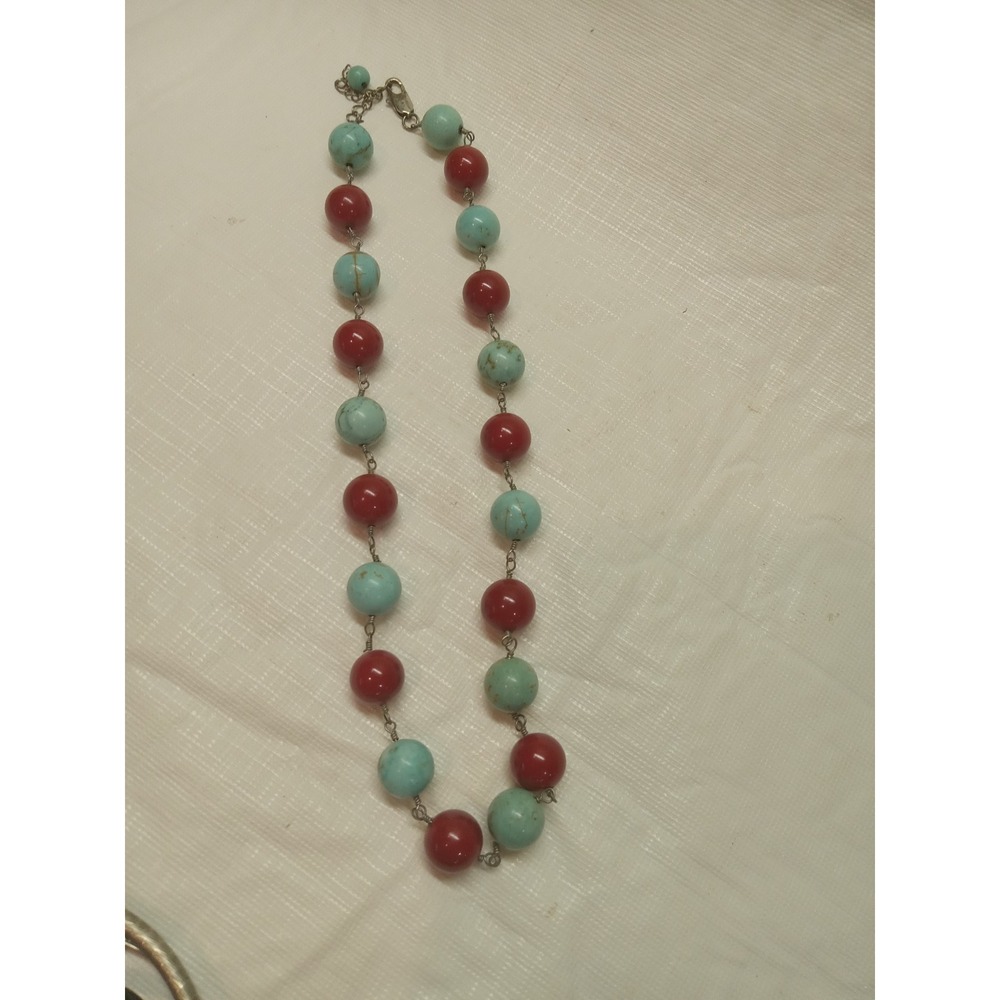 Vintage Style Turquoise /coral Beaded Necklace Silver Tone Southwestern  Strand